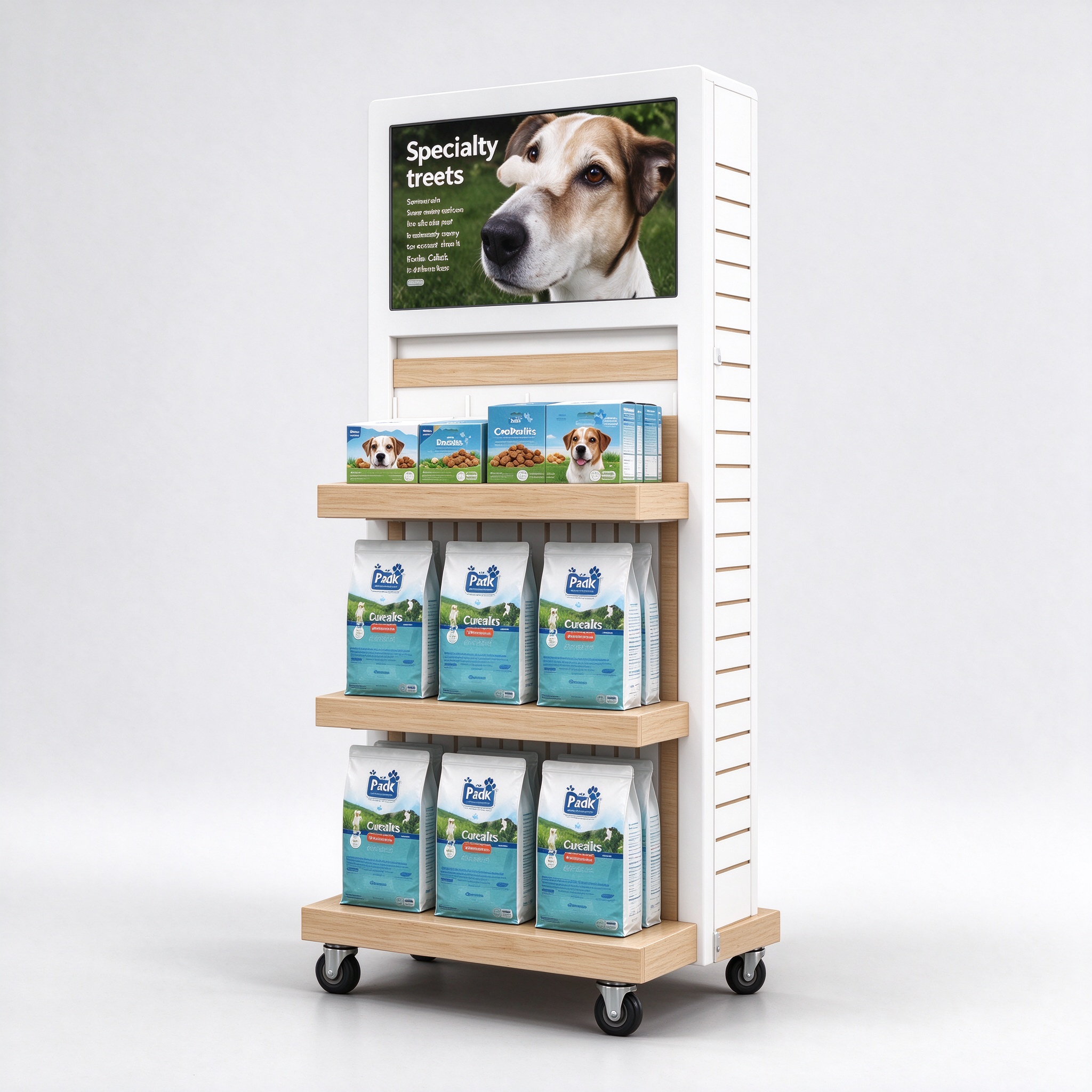 White and wood rolling pet food display rack left angle view