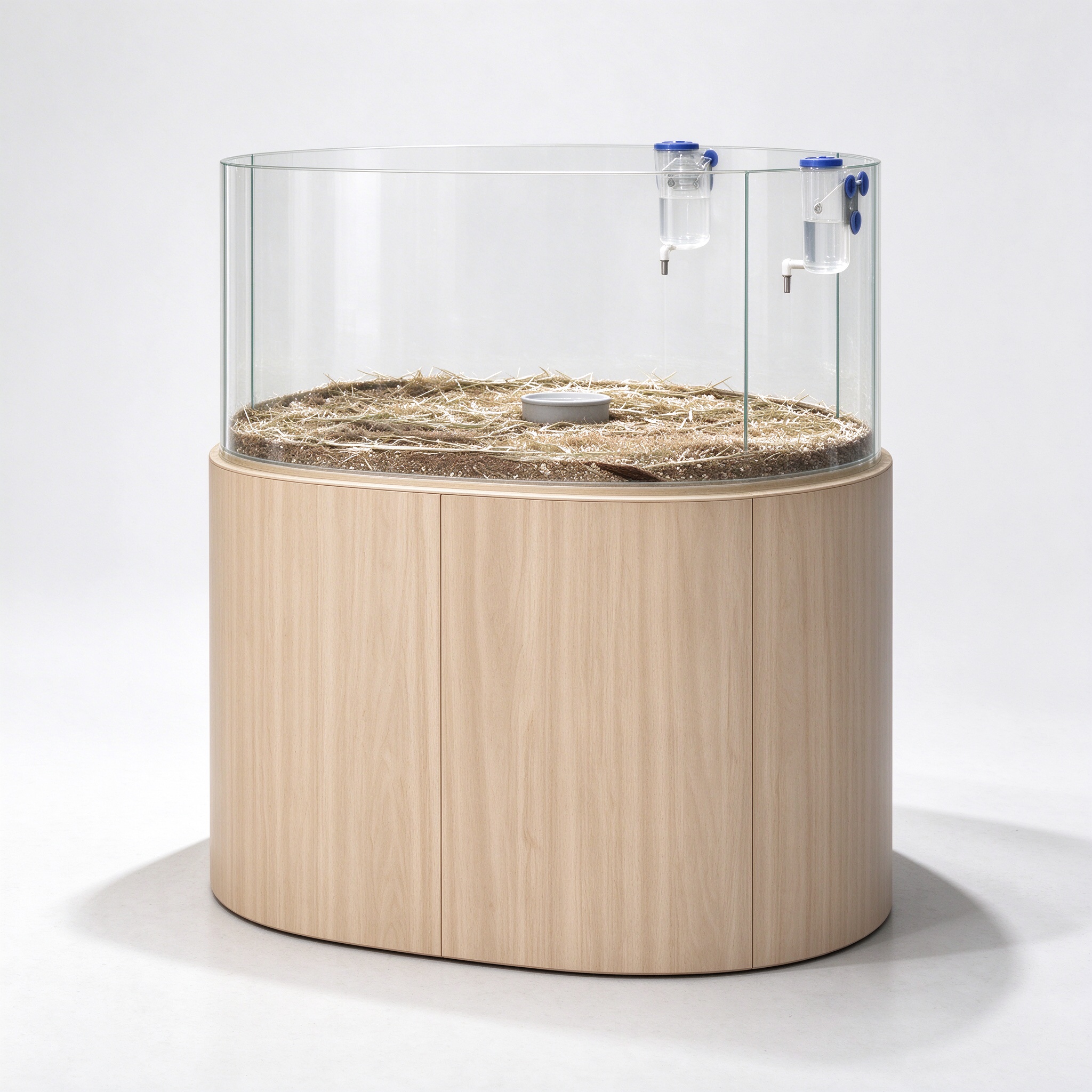 Light wood cylindrical pet enclosure with glass top left angle view
