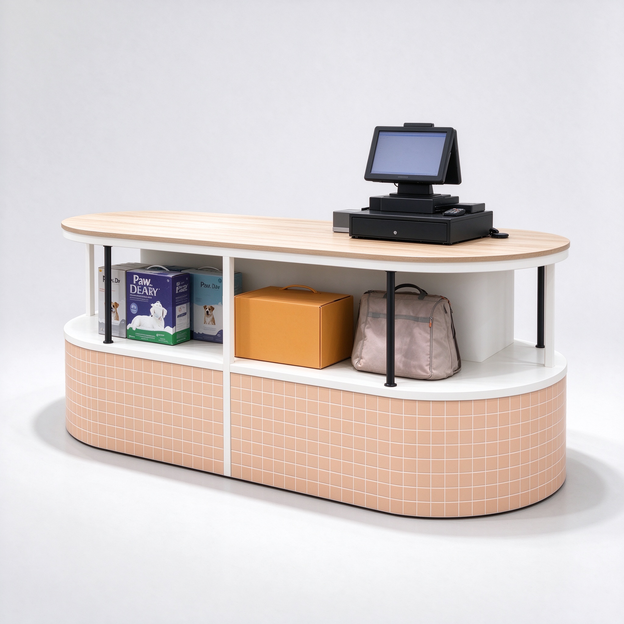 White curved oval checkout counter left angle view