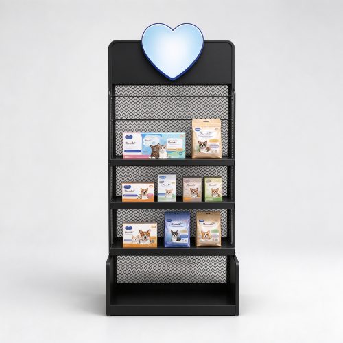 Four-shelf wire mesh rack with heart panel front view