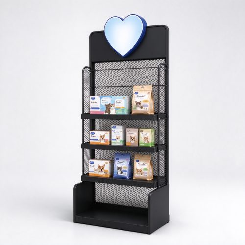 Black metal mesh pet display stand with heart top left angle view