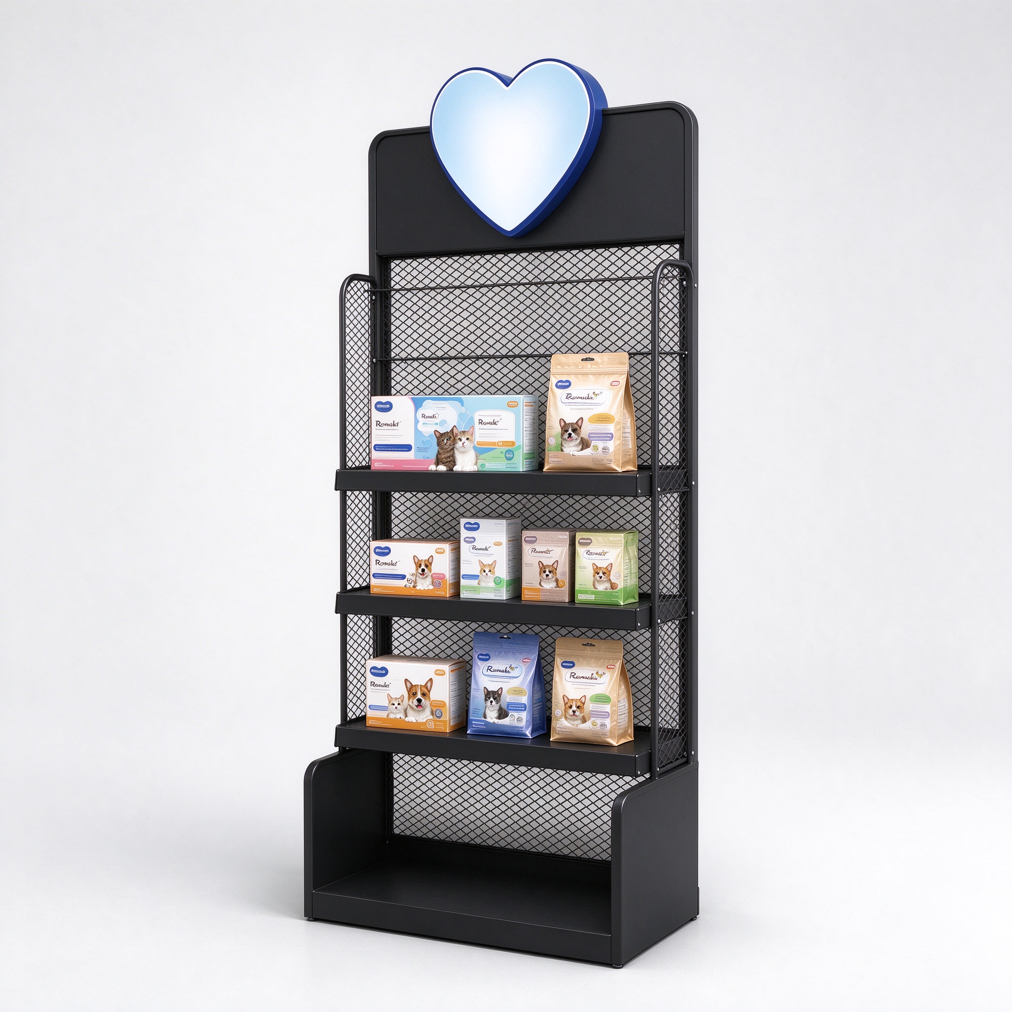 Black metal mesh pet display stand with heart top left angle view