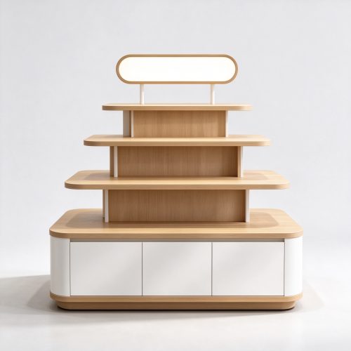 Stepped pet display island with white cabinet front view