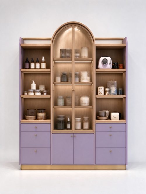 Lavender wall shelving with central arched glass cabinet front view