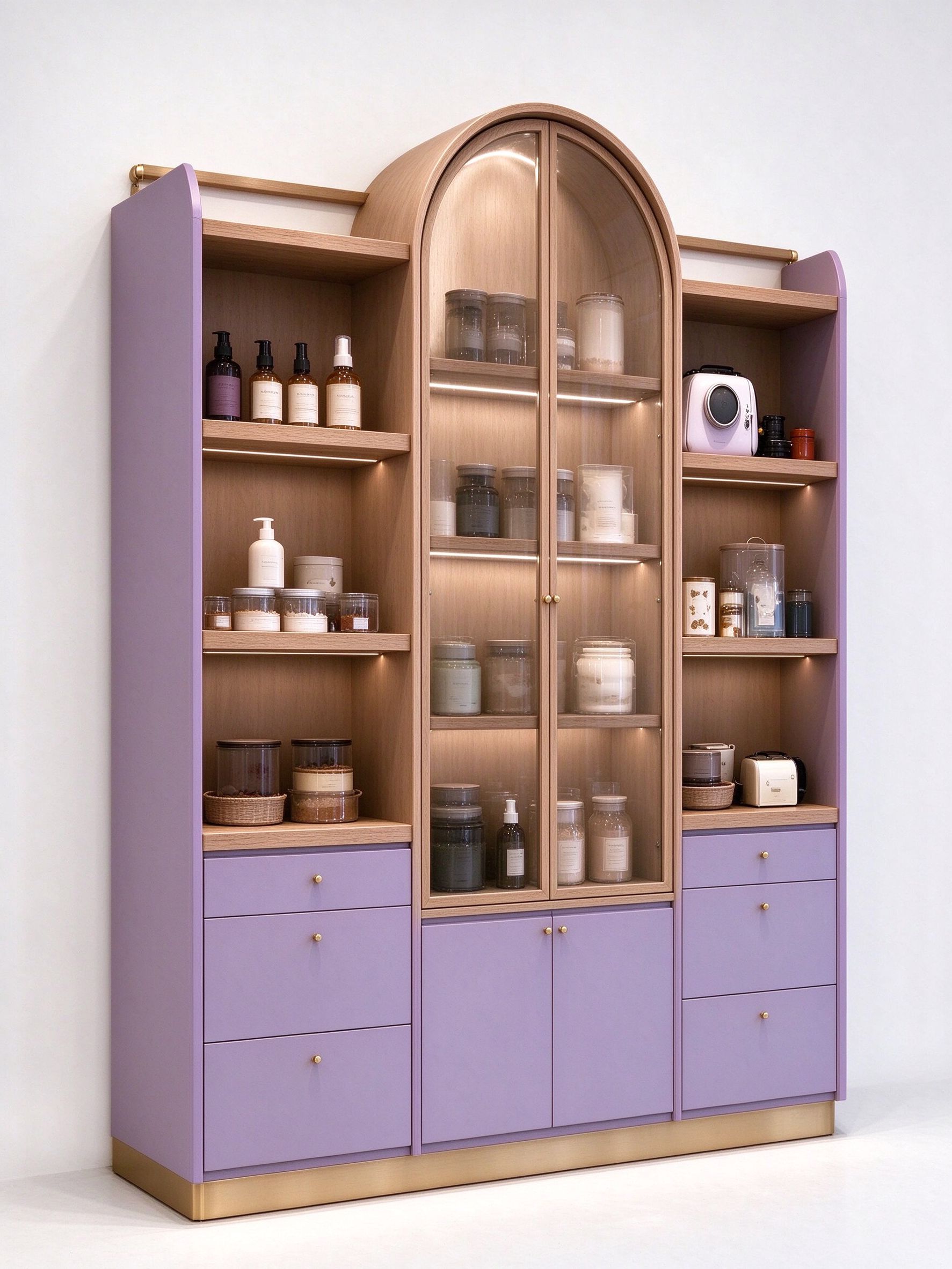 Lavender wall mounted pet shop shelving left angle view
