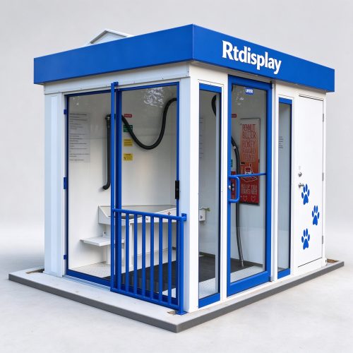 Blue and white self-service dog wash booth front view