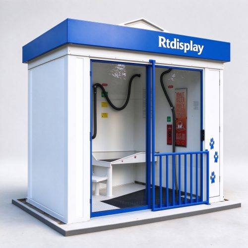 Blue modular dog wash kiosk left angle view