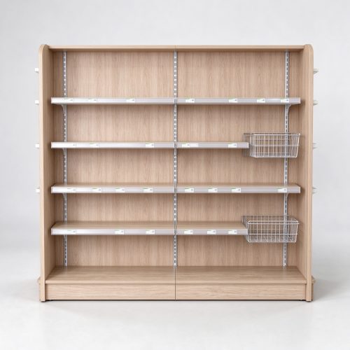 Light wood pet store gondola with wire baskets front view