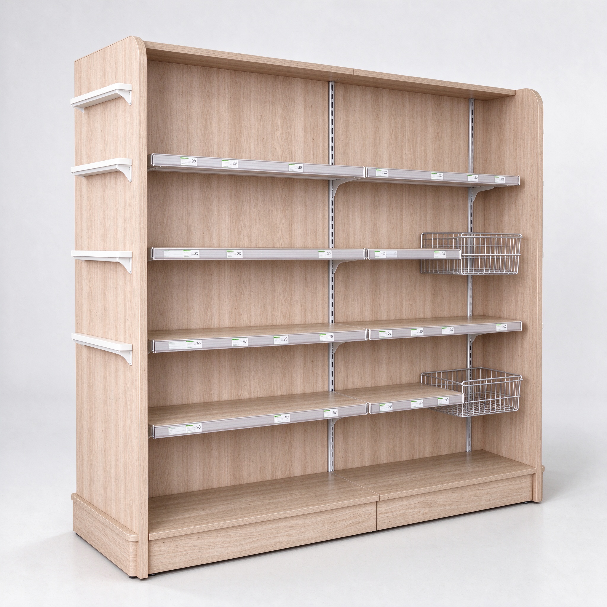 Light oak double-sided pet shop gondola left angle view