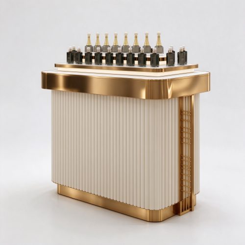 Cream fluted perfume display counter with gold trim left 45 degree view