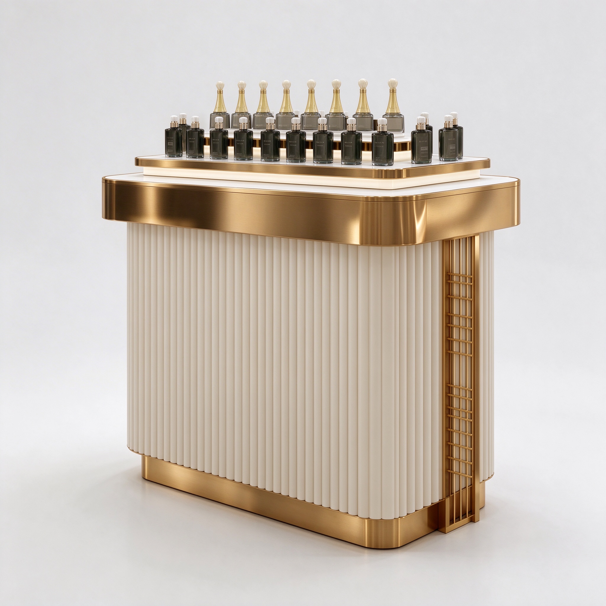 Cream fluted perfume display counter with gold trim left 45 degree view