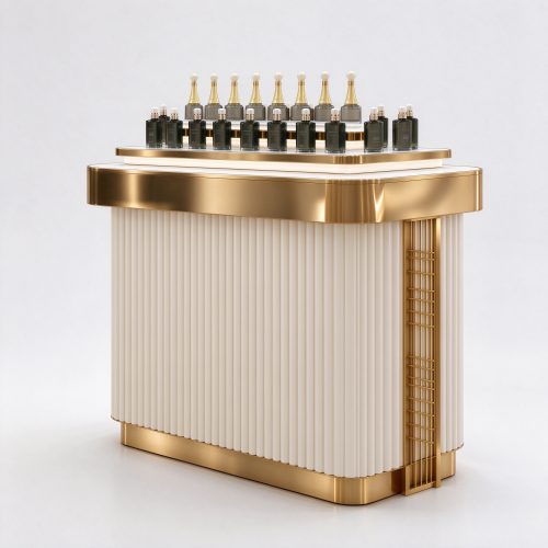 Cream fluted perfume display counter with gold trim right 45 degree angle view