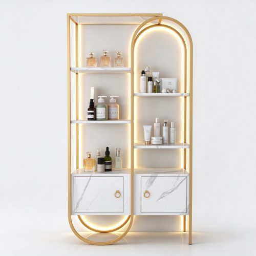 Gold frame arch perfume display rack left 45 degree view