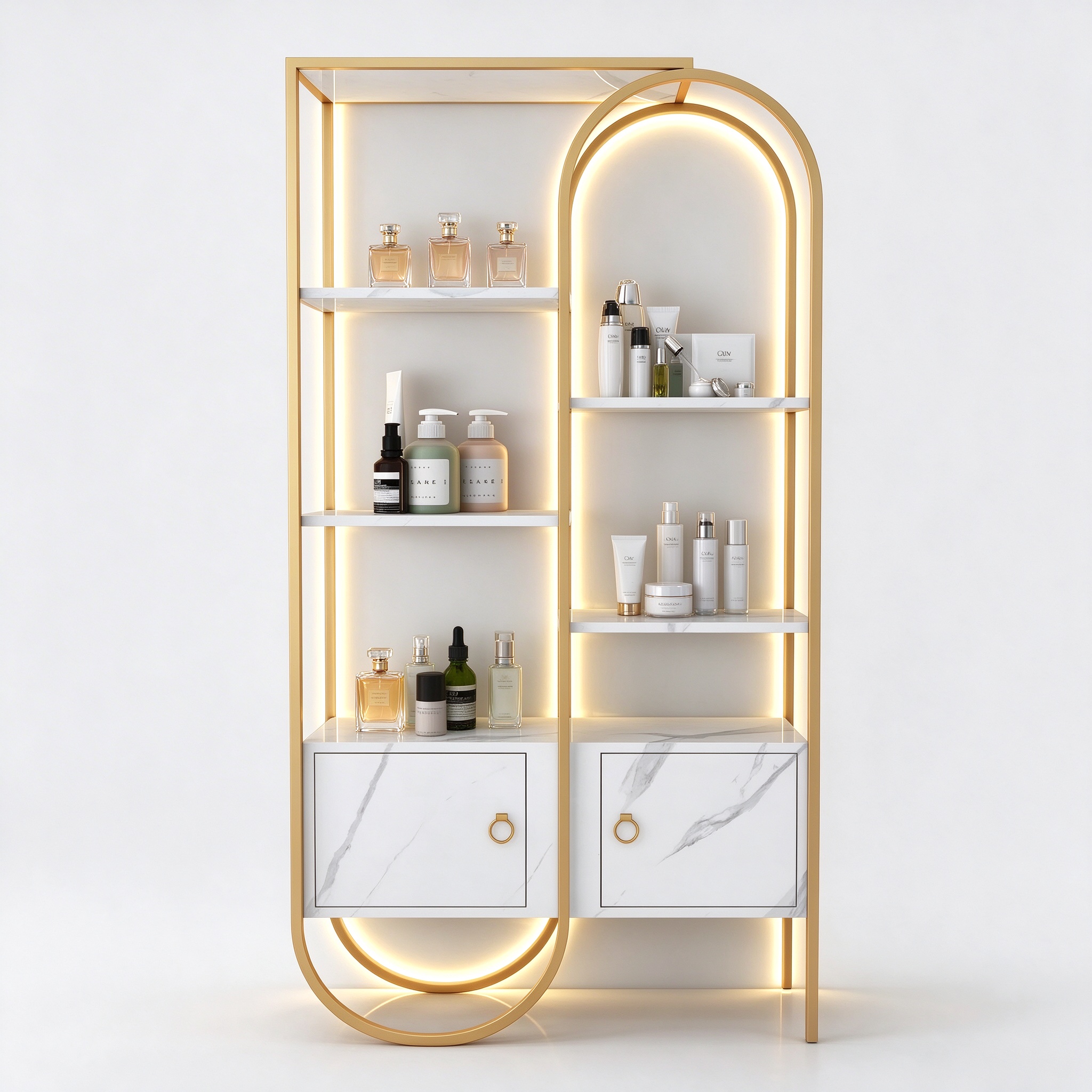 Gold frame arch perfume display rack left 45 degree view