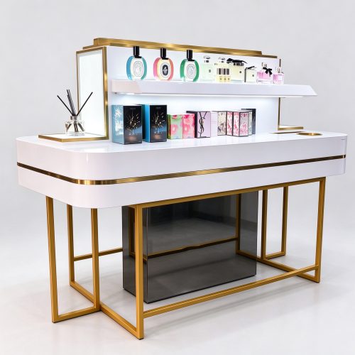 White gold perfume display stand with tiered shelf left 45 degree view