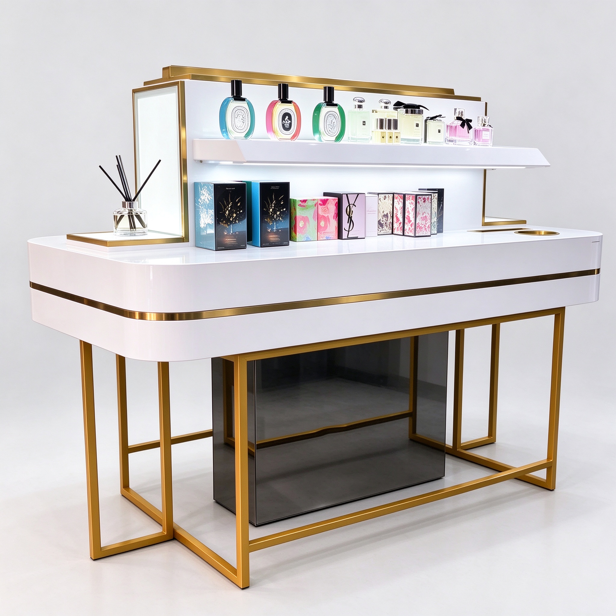 White gold perfume display stand with tiered shelf left 45 degree view