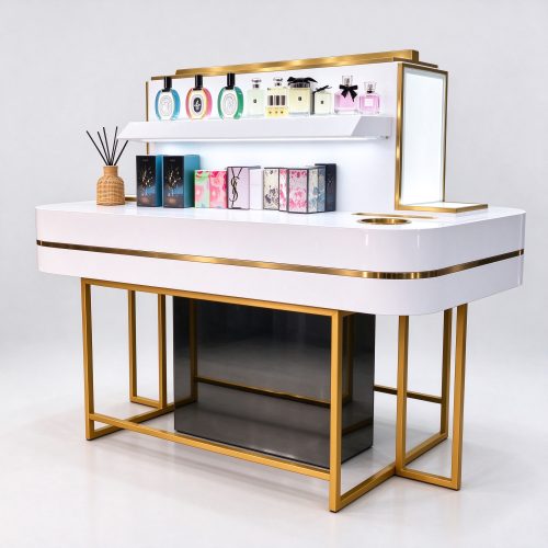 White gold perfume display stand with tiered shelf right 45 degree angle view