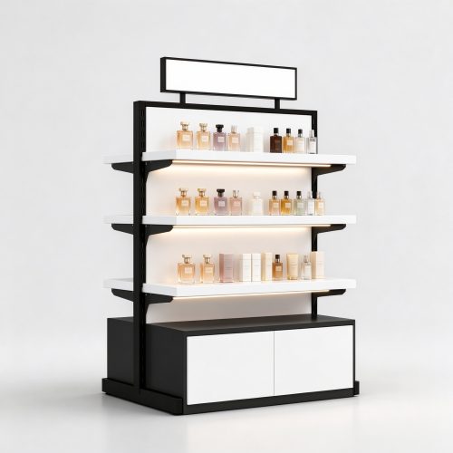 Black and white gondola perfume display rack left 45 degree view