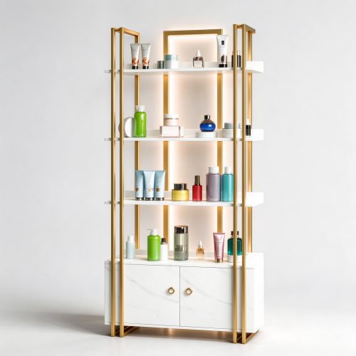 Gold frame perfume display rack with white marble base left 45 degree view