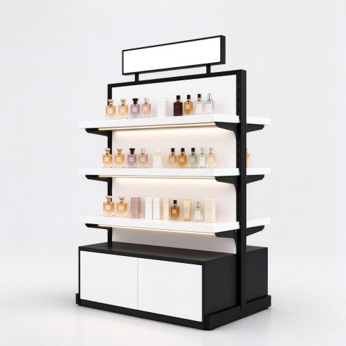 Black and white gondola perfume display rack right 45 degree angle view