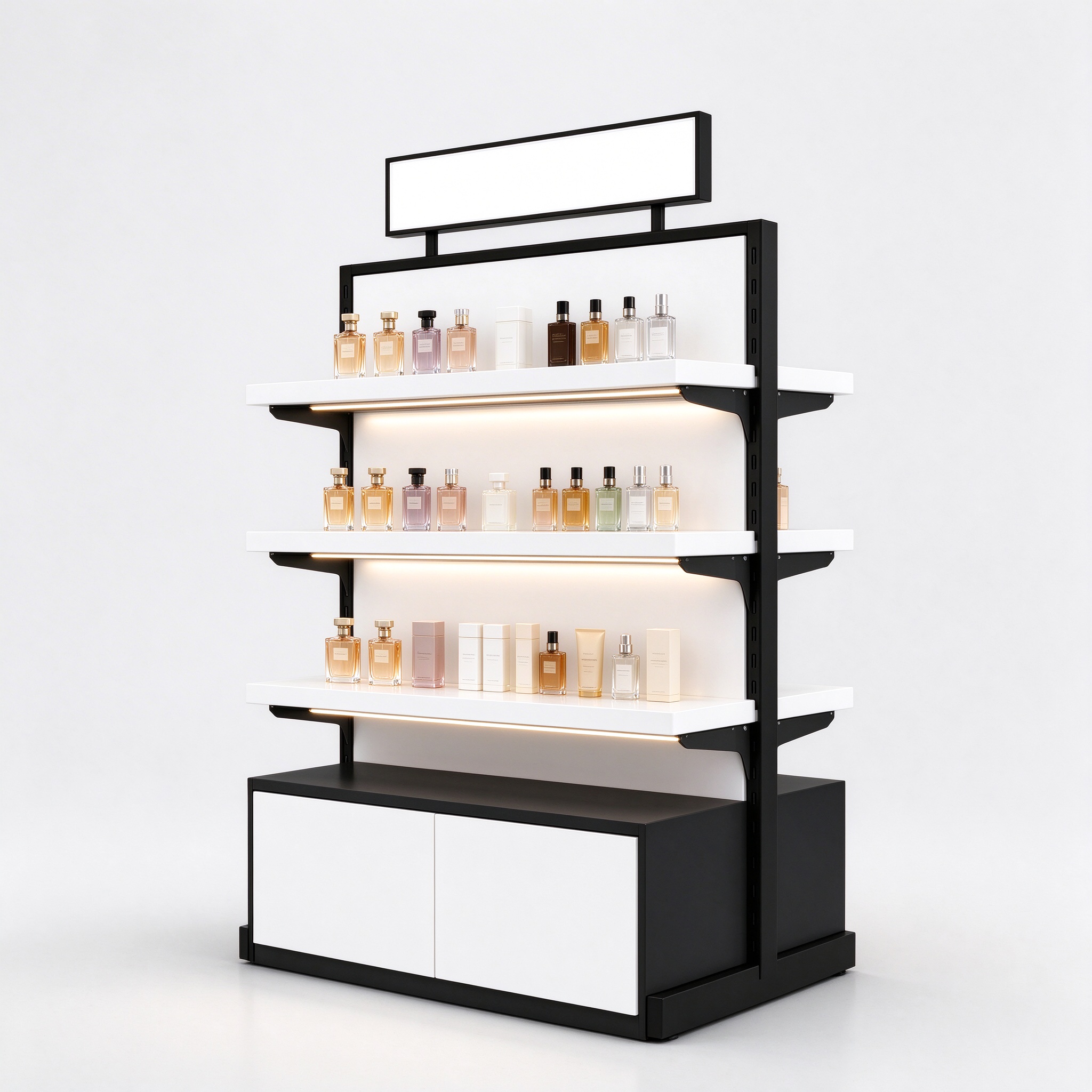 Black and white gondola perfume display rack right 45 degree angle view