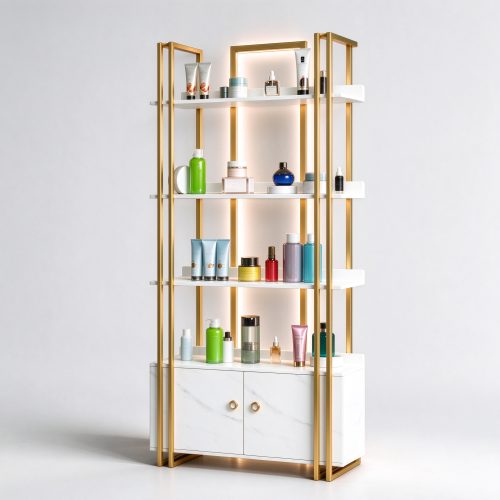 Gold frame perfume display rack with white marble base right 45 degree angle view