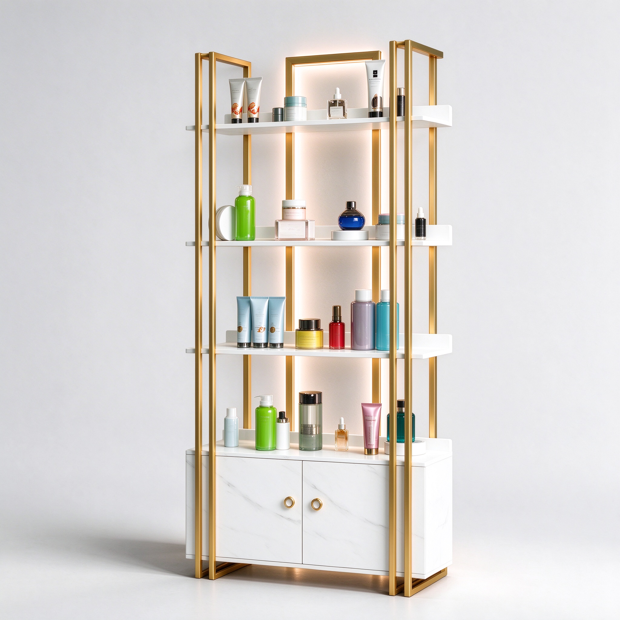 Gold frame perfume display rack with white marble base right 45 degree angle view