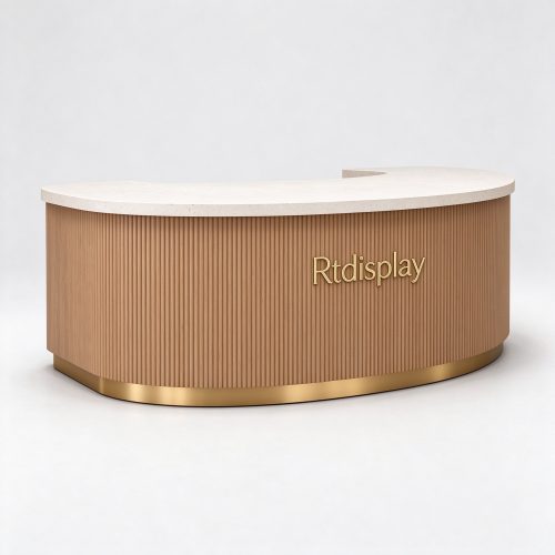 Curved beige wood-grain pet store checkout counter left 45 degree view