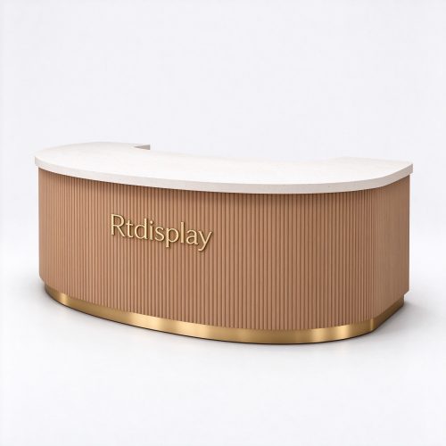 Curved pet store checkout counter right 45 degree angle view