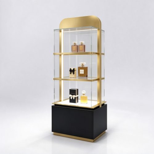 Black and gold glass perfume display tower left 45 degree view