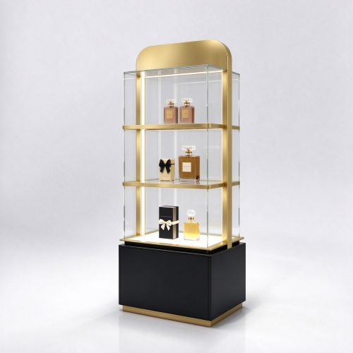 Black and gold glass perfume display tower right 45 degree angle view