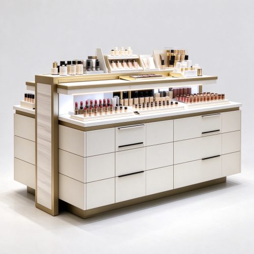 Cream white central island perfume counter left 45 degree view