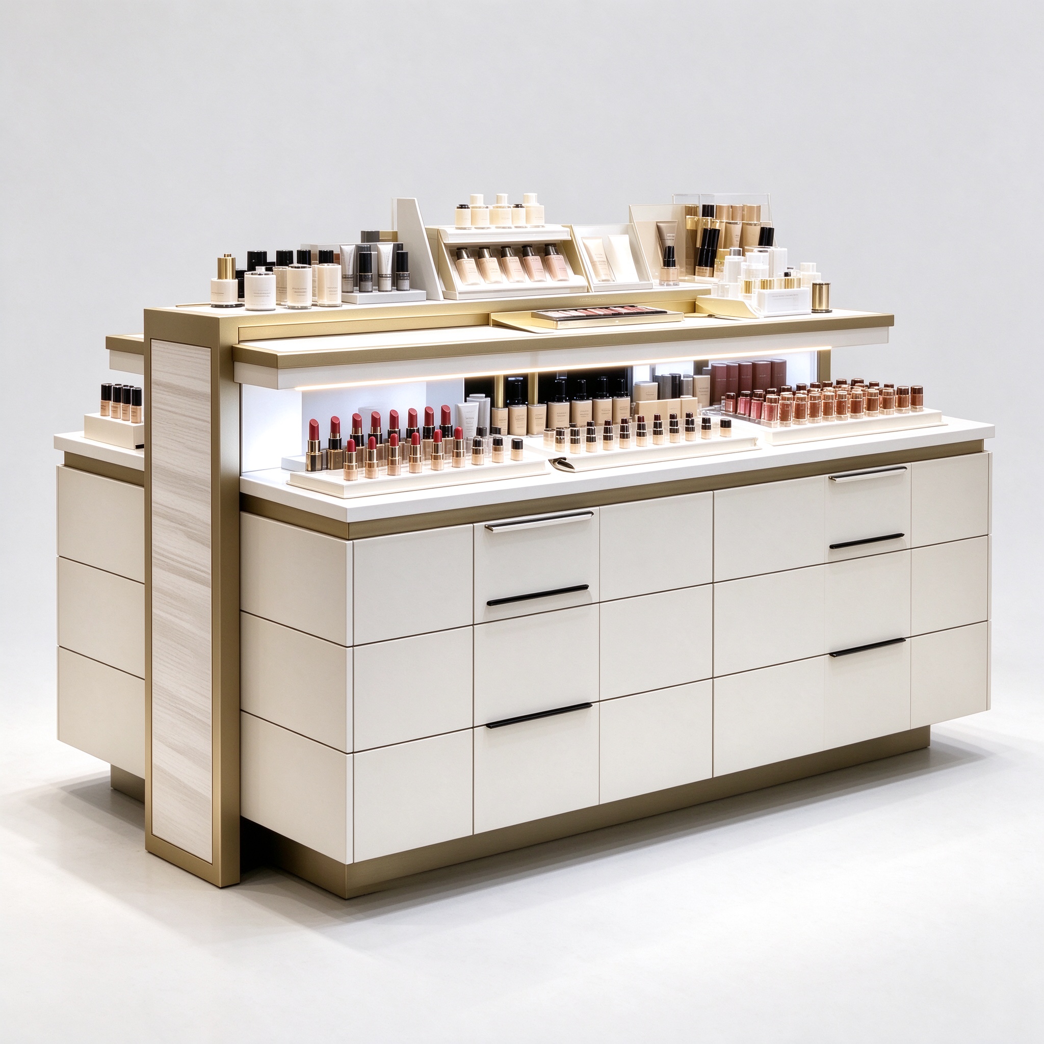 Cream white central island perfume counter left 45 degree view