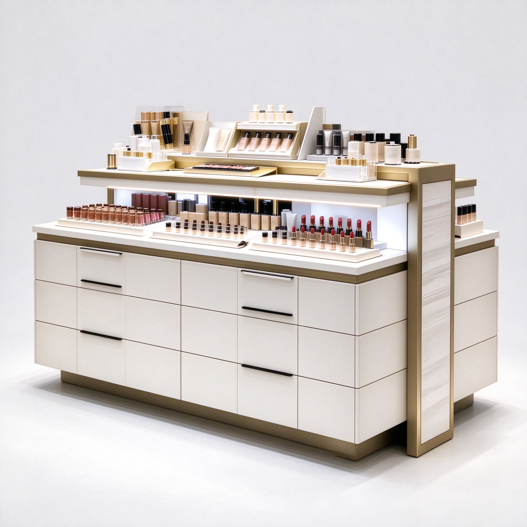 Cream white central island perfume counter right 45 degree angle view