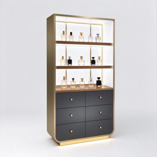 Champagne gold trim dark gray perfume display cabinet left 45 degree angle view