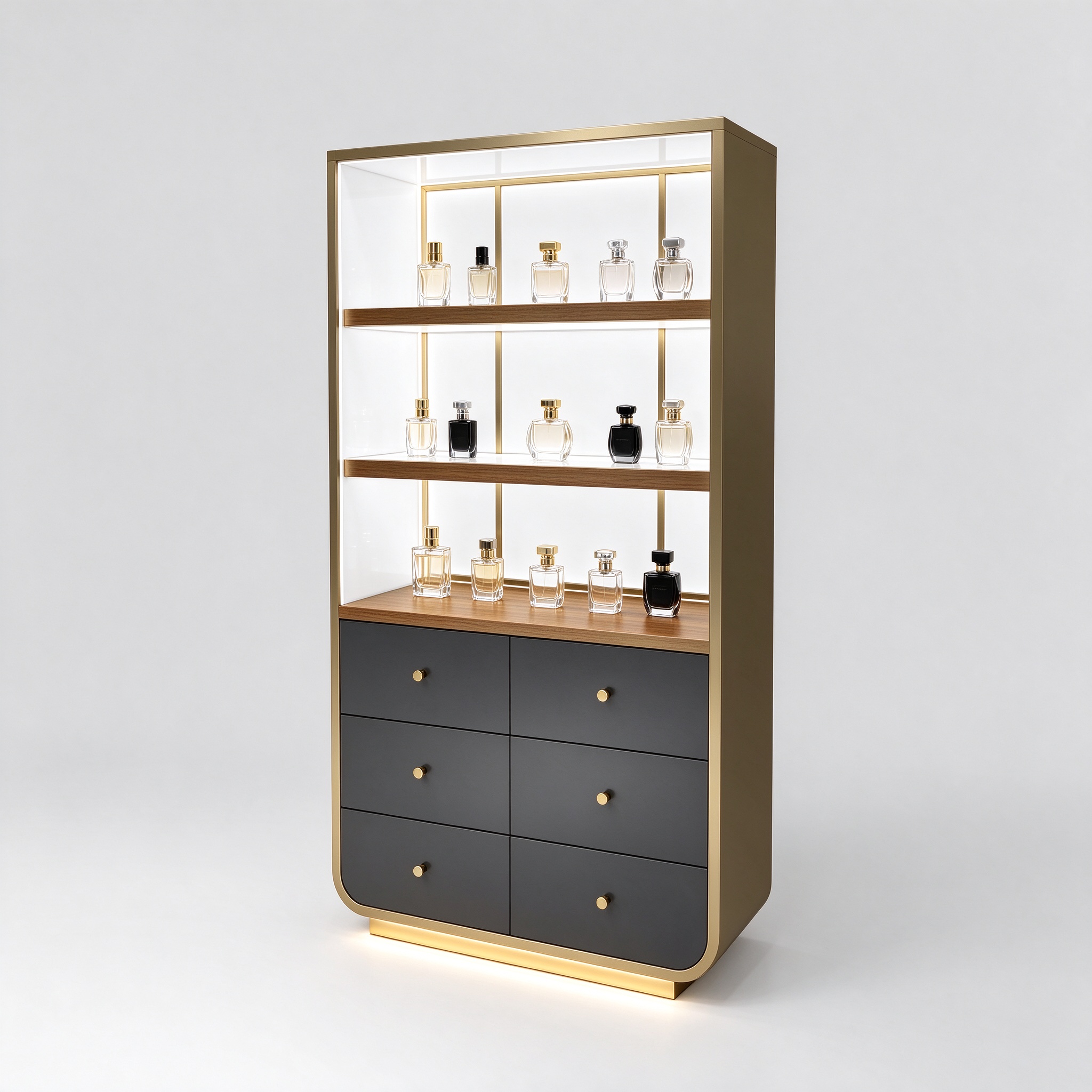 Champagne gold trim dark gray perfume display cabinet right 45 degree angle view