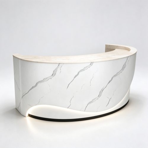 Curved beige marble perfume checkout counter left 45 degree view
