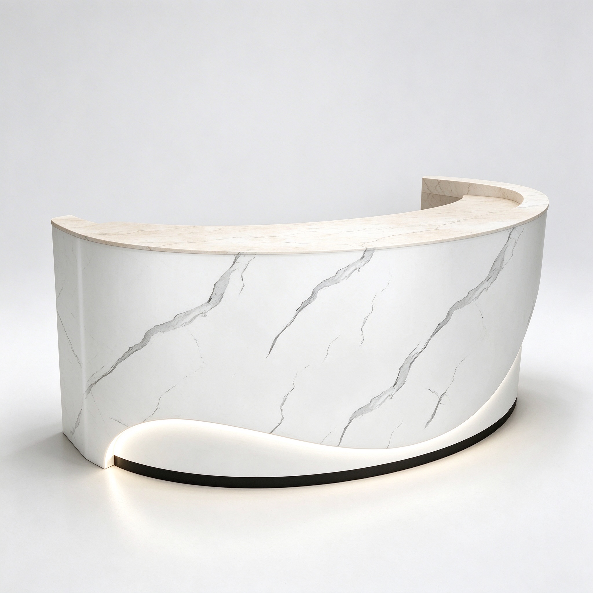 Curved beige marble perfume checkout counter left 45 degree view