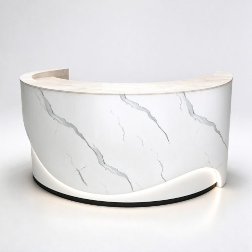 Curved beige marble perfume checkout counter right 45 degree view