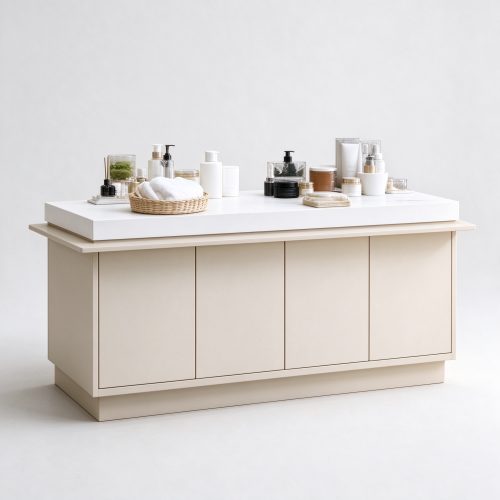 Minimalist cream beige island perfume counter left 45 degree view