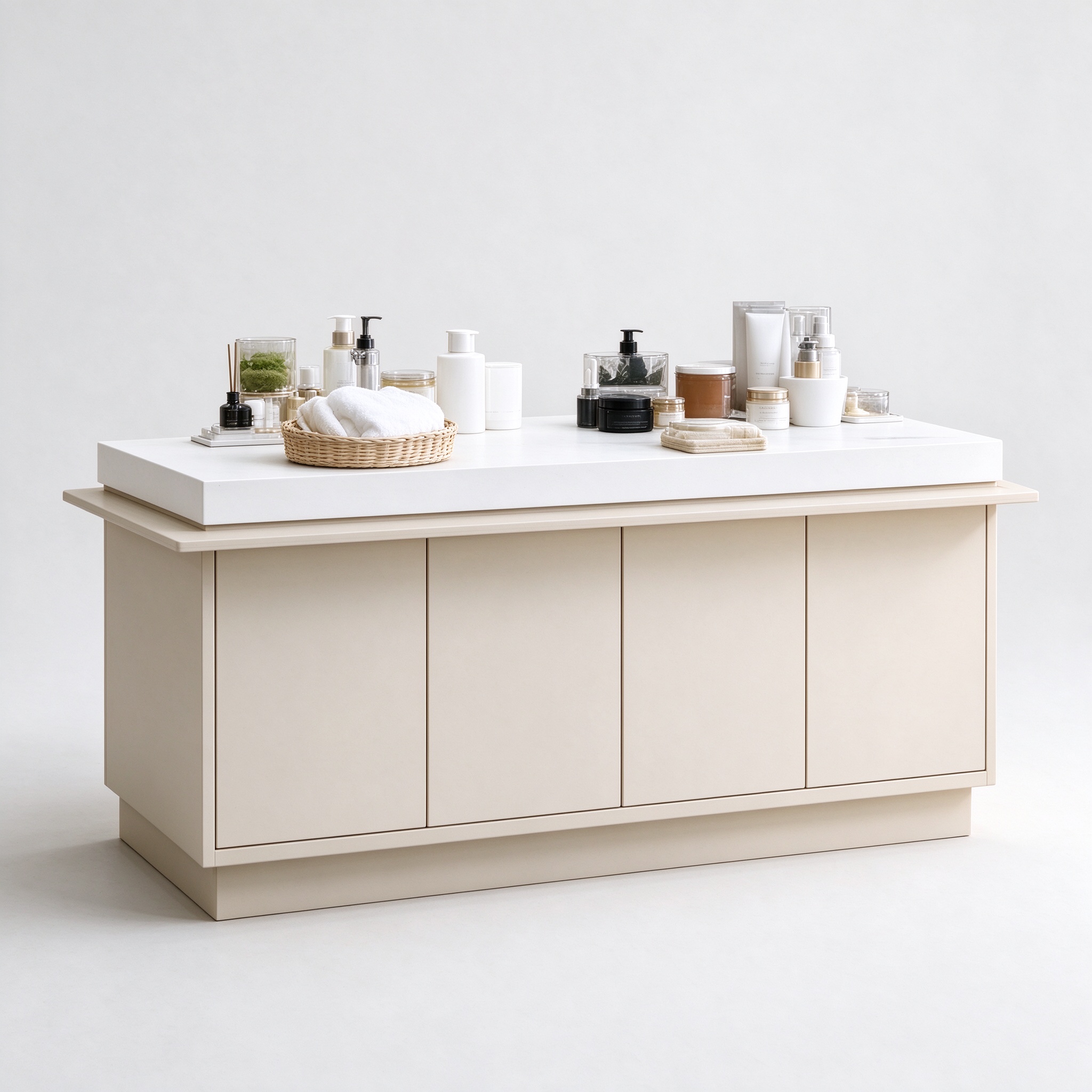 Minimalist cream beige island perfume counter left 45 degree view