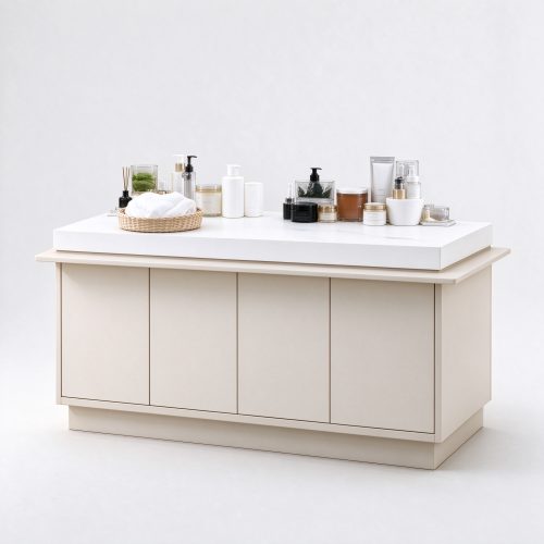 Minimalist cream beige island perfume counter right 45 degree angle view