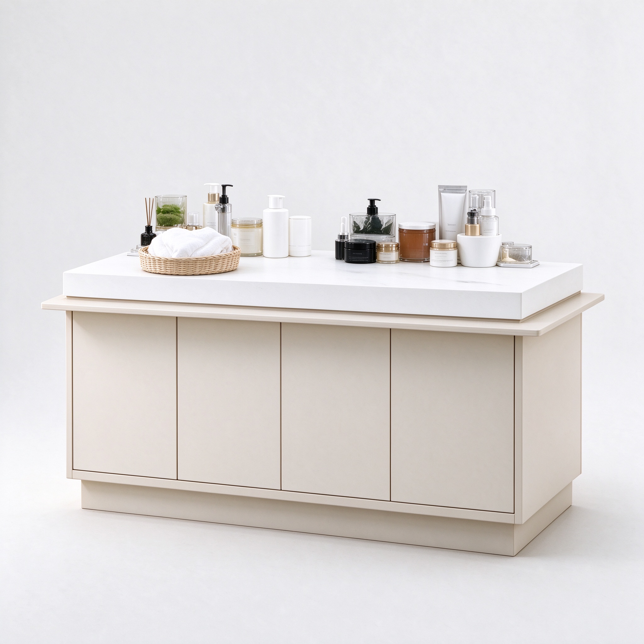 Minimalist cream beige island perfume counter right 45 degree angle view