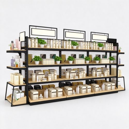Black metal mesh perfume display rack left 45 degree view
