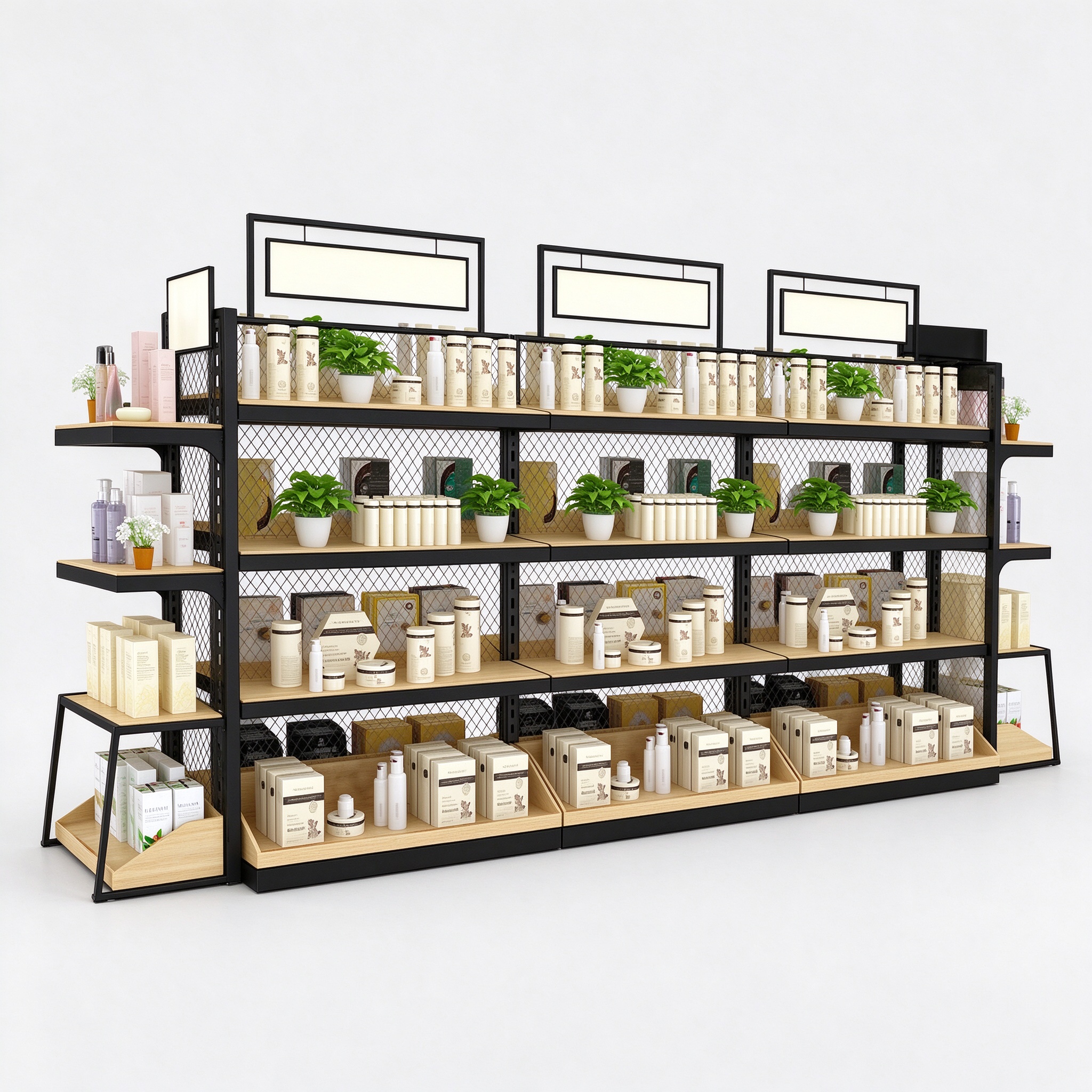 Black metal mesh perfume display rack left 45 degree view