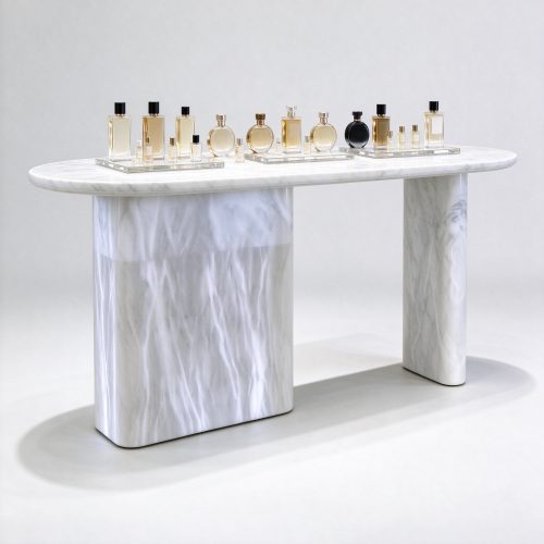 Solid white veined marble perfume display table with perfume bottles left 45 degree view