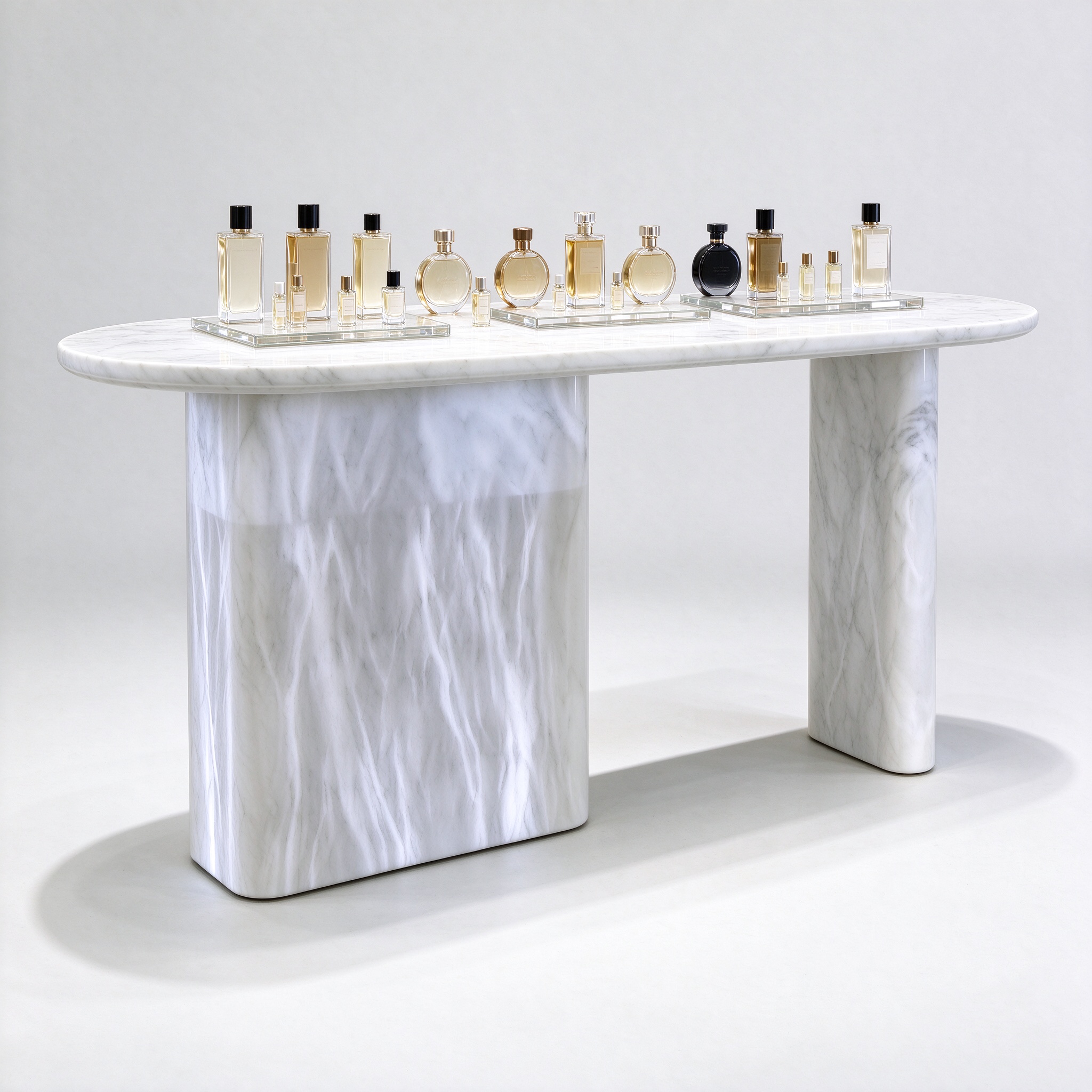 Solid white veined marble perfume display table with perfume bottles left 45 degree view