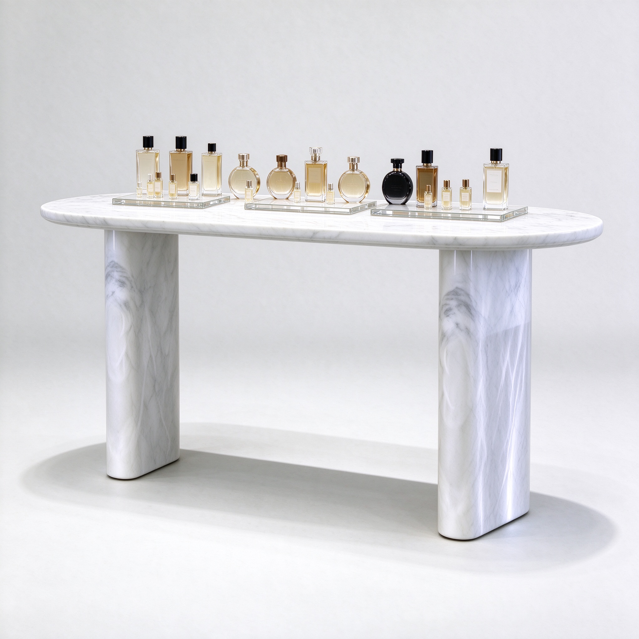 Solid white veined marble perfume display table with perfume bottles right 45 degree angle view