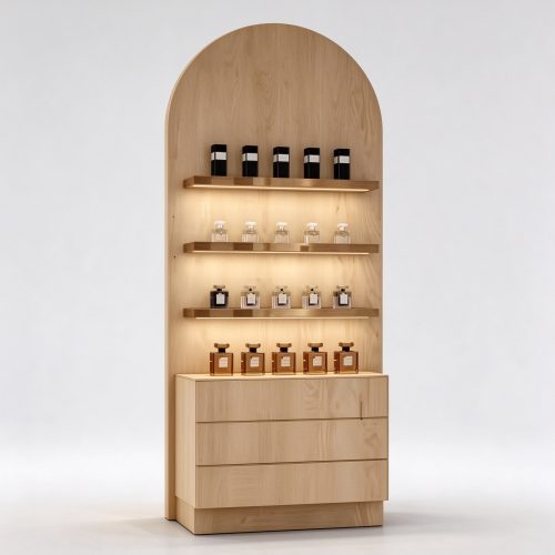 Light oak arched perfume display cabinet left 45 degree view