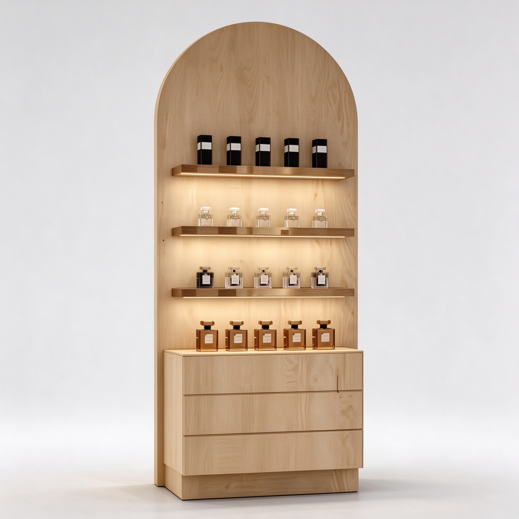 Light oak arched perfume display cabinet left 45 degree view